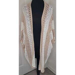 Boho Tan White Stripe Open Knit Cardigan Poncho L Oversized Cottagecore Fairy